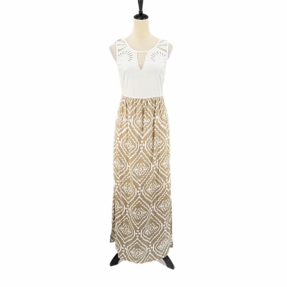 Anthropologie Beige White Cut Out Embroidered Ikat Boho Bohemian Slit Maxi Dress